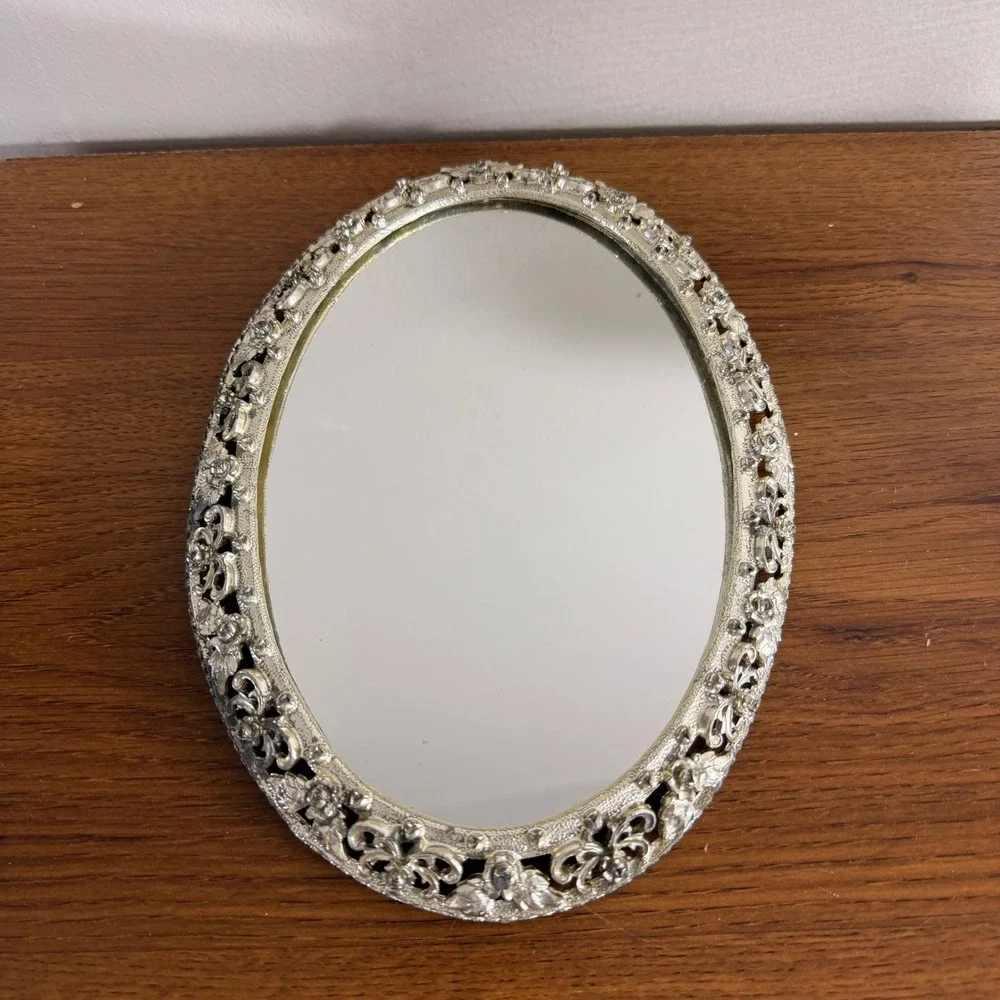 Vintage Ornate Oval Vanity Mirror Cast Metal Floral Filigree Hollywood Regency